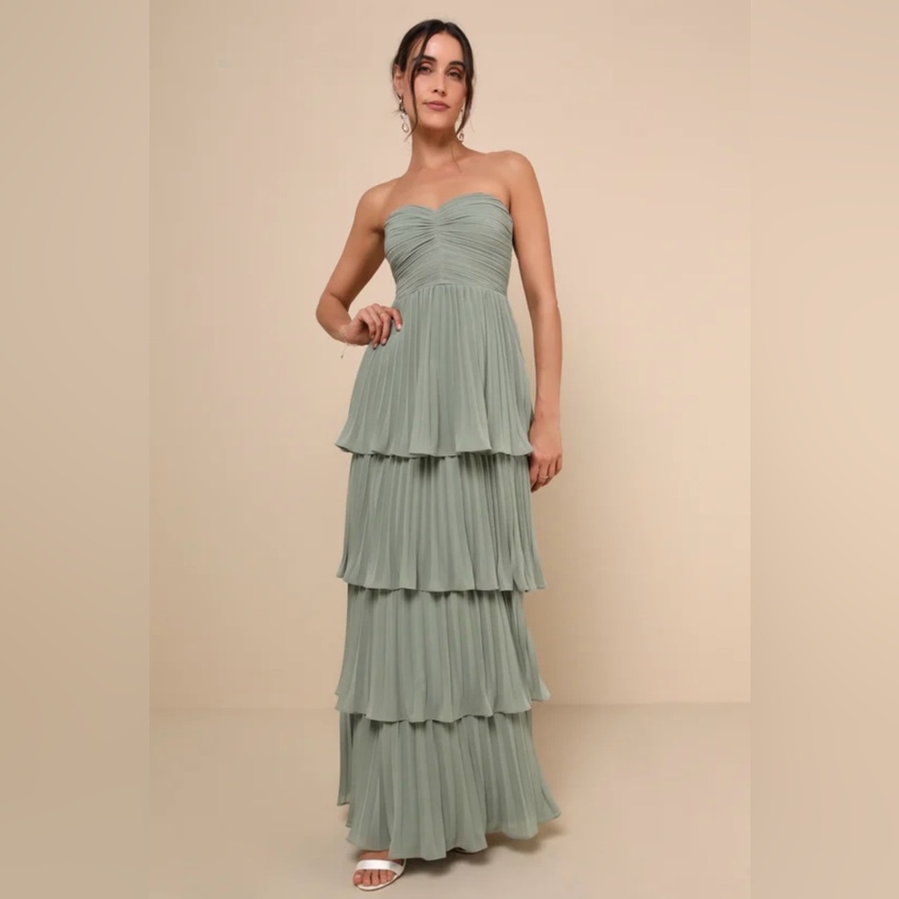 Lulus Seriously Sensational Sage Brush Strapless Tiered Maxi Dress